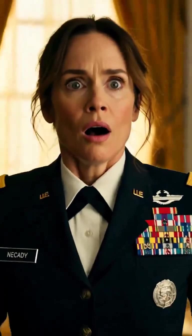 Shocked female officer in dress uniform with medals and NECADY tag