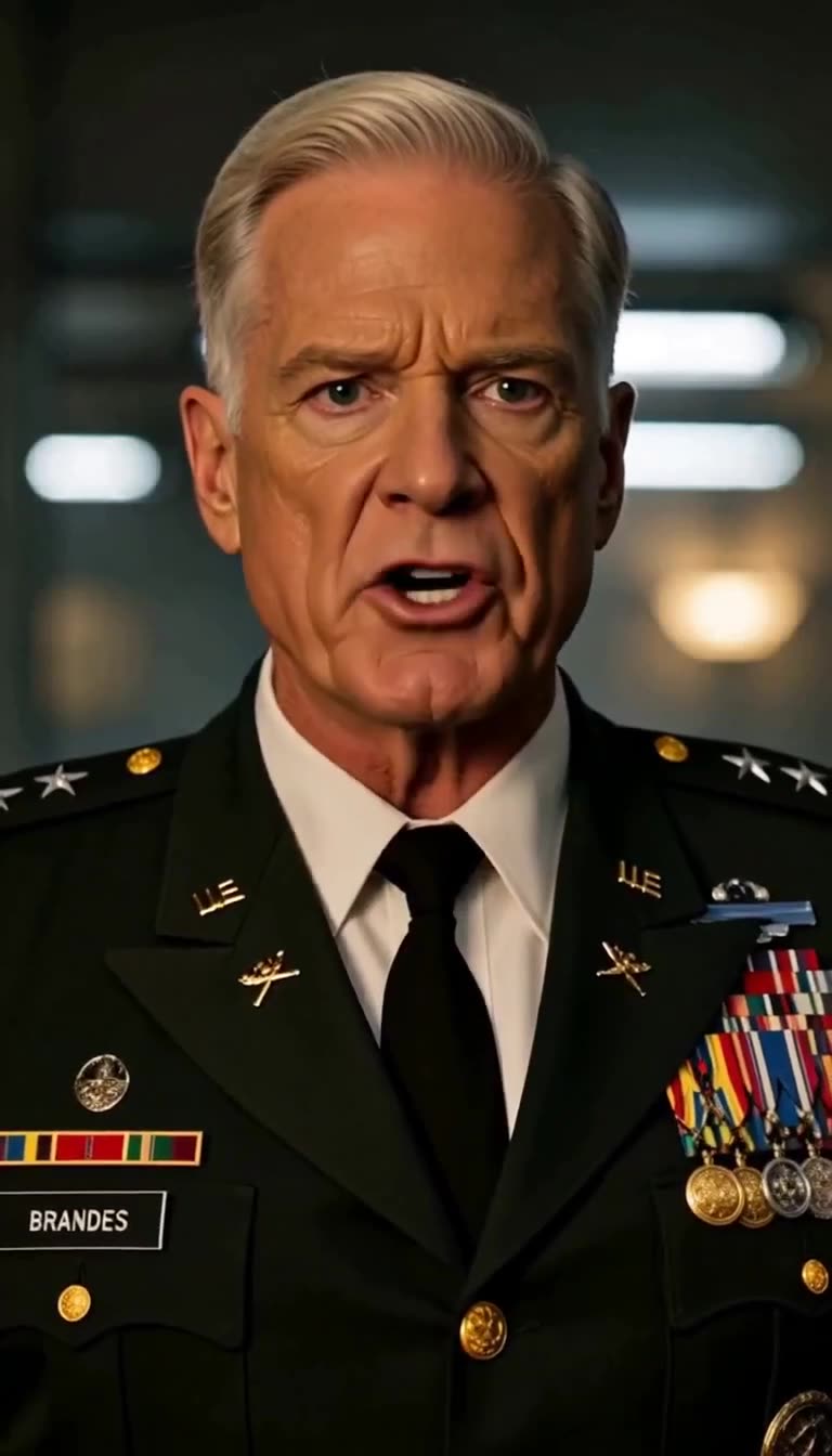 Stern three-star general in decorated uniform speaking with authority