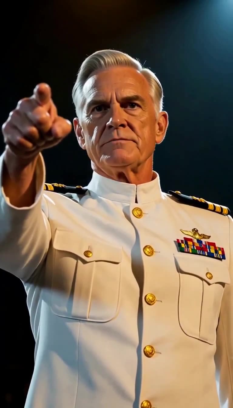 Admiral in dress whites points directly forward on stage