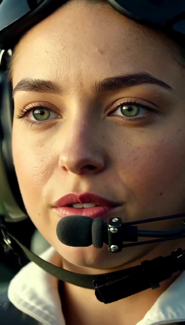 Young woman in cockpit headset speaking into radio mic