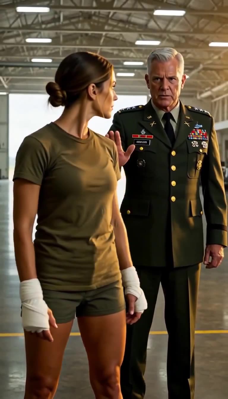 Morgan stands at attention before a stern four-star general