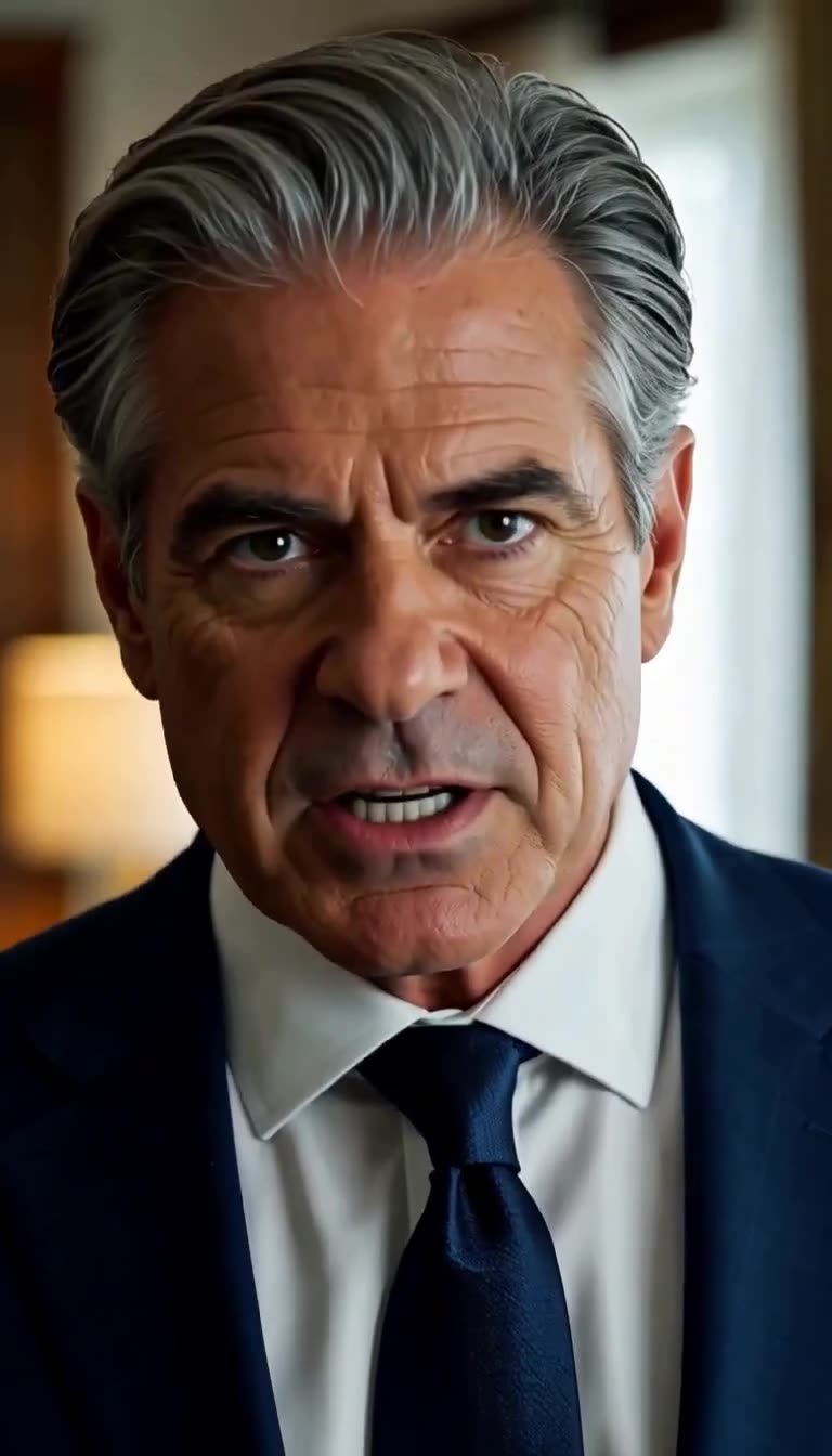 Silver-haired patriarch glaring with furious authority