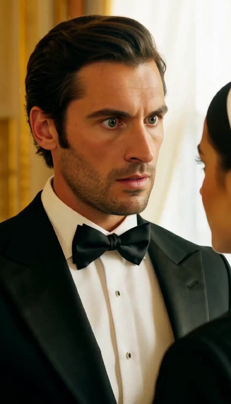 Shocked man in tuxedo staring at the confrontation