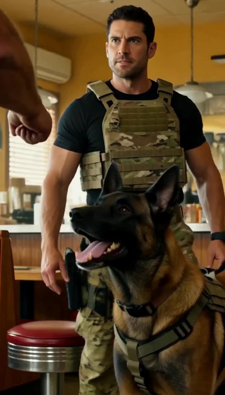 Soldier John standing calmly with Malinois dog beside him