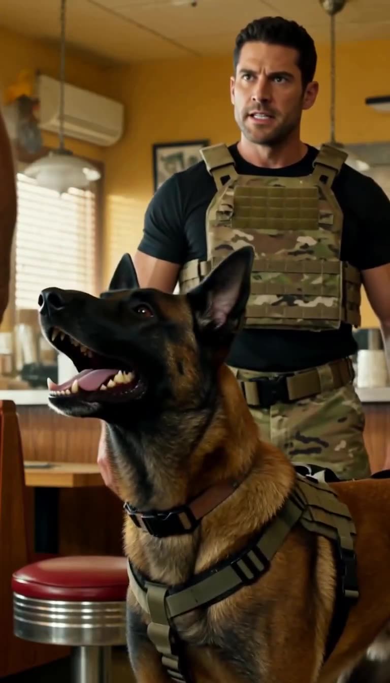 War dog growling fiercely while soldier delivers warning