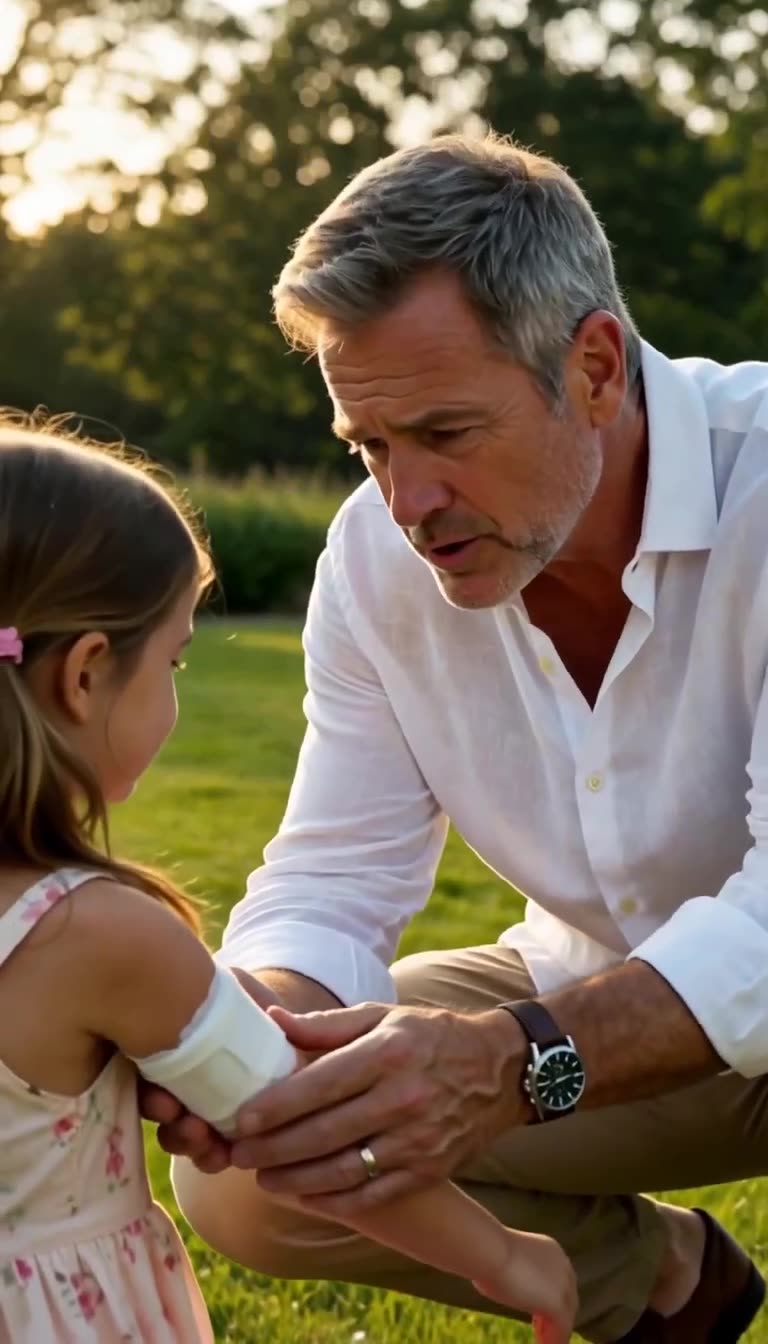 Silver-haired father kneeling to examine little girl's bandaged arm