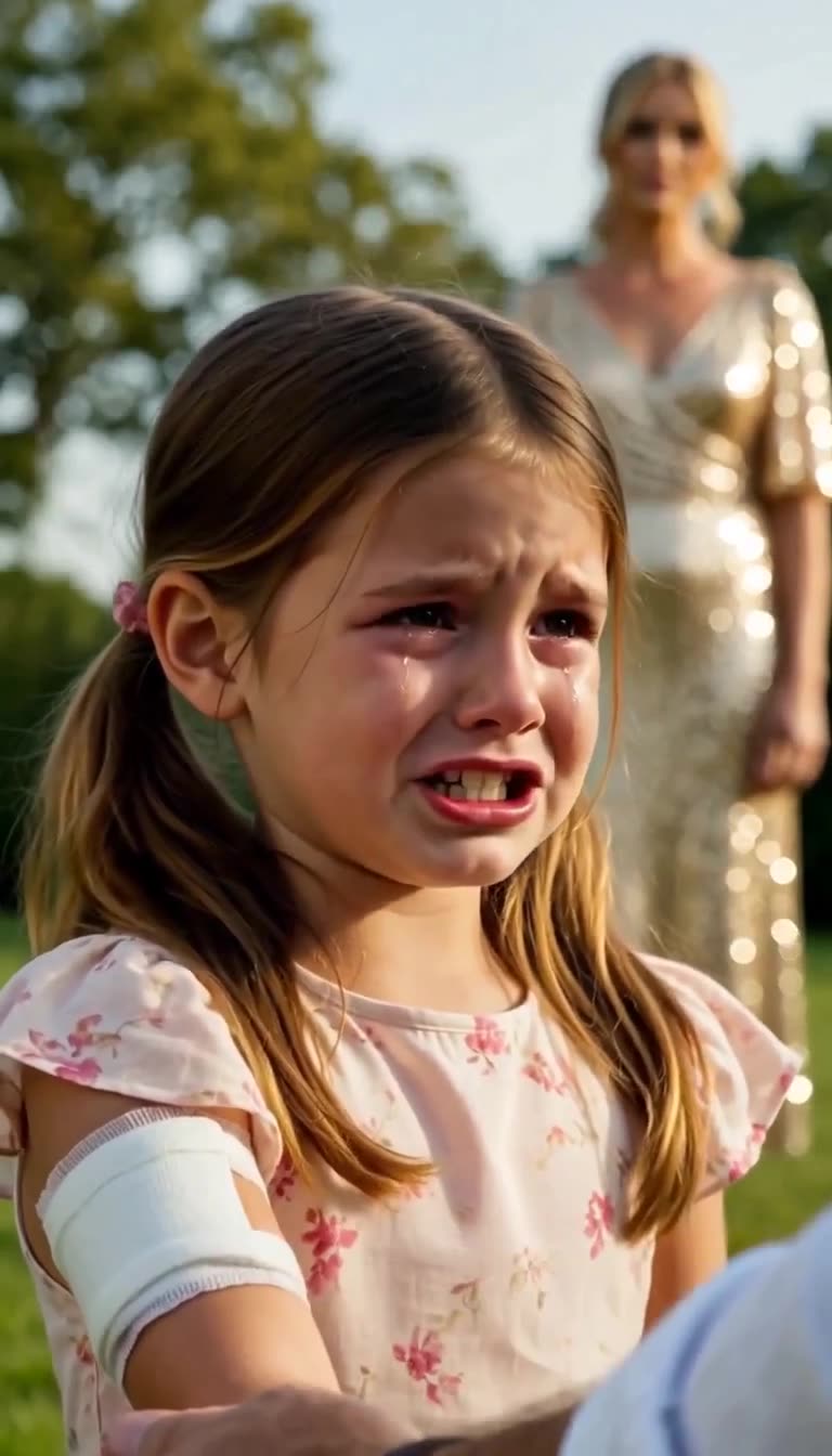Tearful bandaged girl crying with woman in gold gown behind her