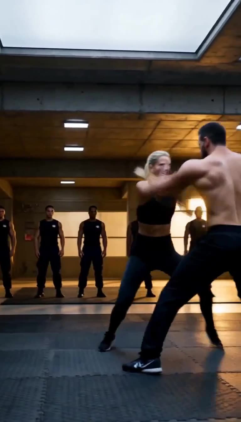 Woman in black countering a shirtless heavyweight in gym