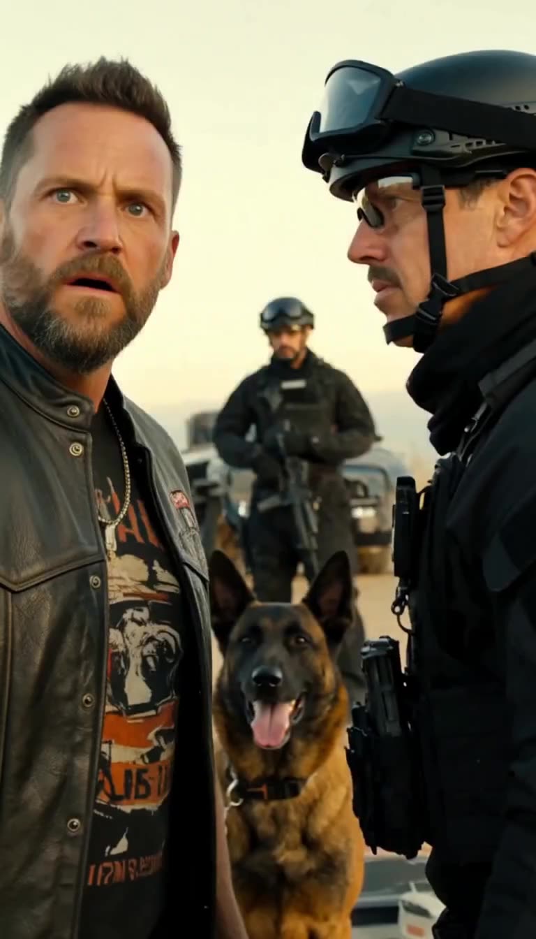 Shocked biker face to face with tactical operator with Malinois between them