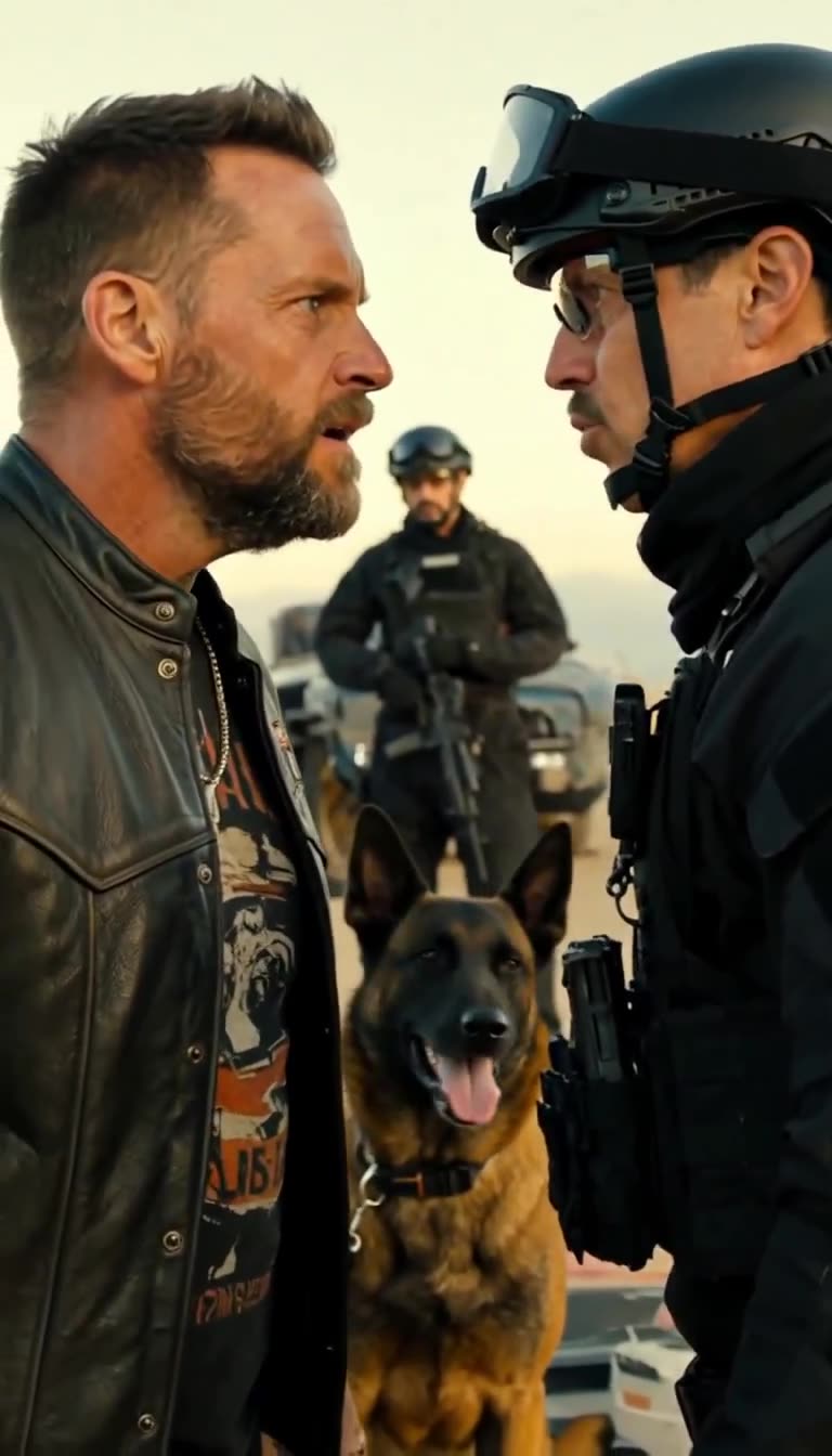 Tense desert stare-down between biker and operator as war dog watches