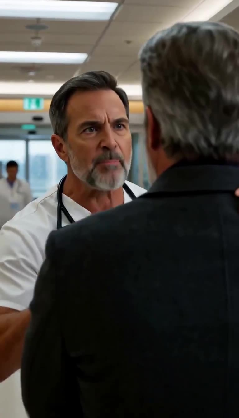 Doctor confronting grandfather face to face in hallway