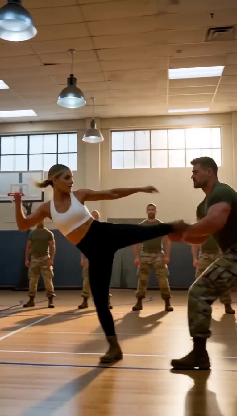 Woman launches high kick at male soldier
