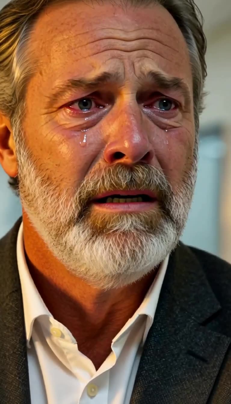 Extreme close-up of Mark with tears streaming down weathered cheeks