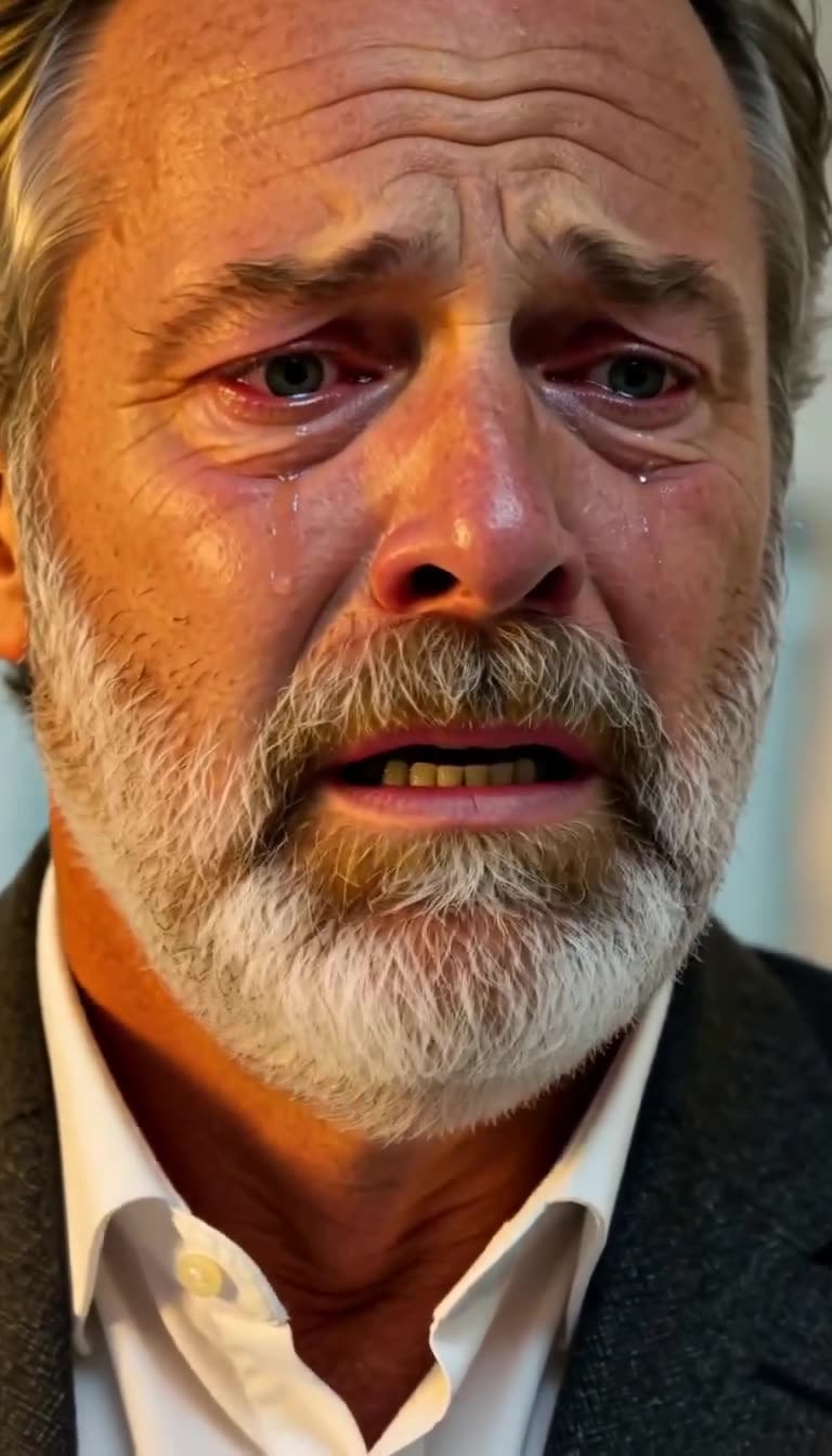 Mark frozen in grief with red teary eyes under hospital light