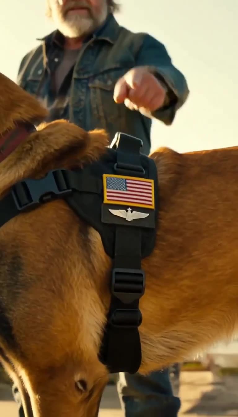 Close-up of K-9 harness with American flag and silver wings patch