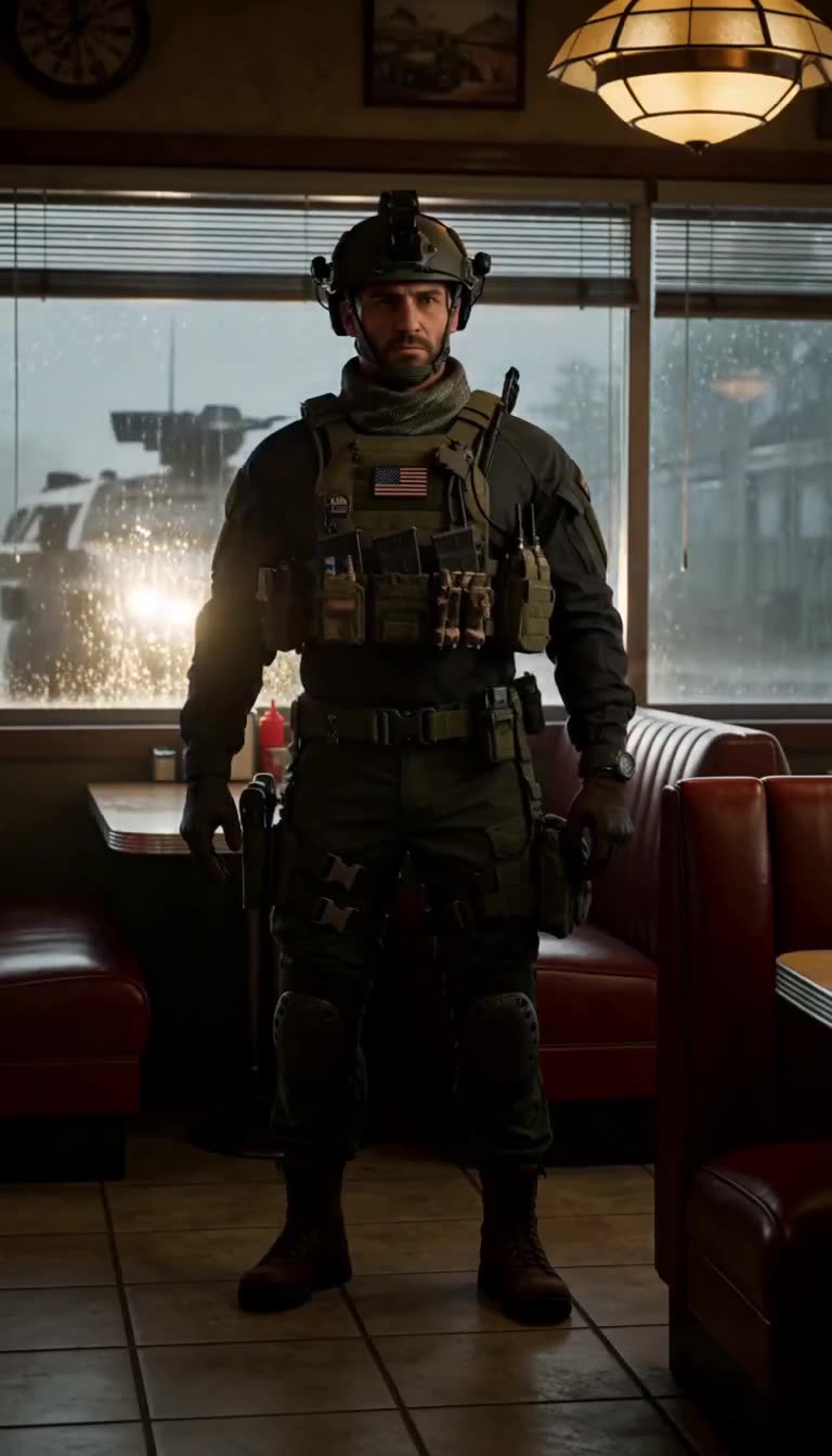 Fully geared operator stands in rainy diner as armored vehicle arrives
