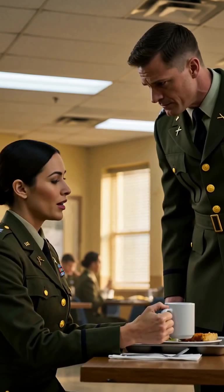 Officer leaning over seated female soldier in tense face-off