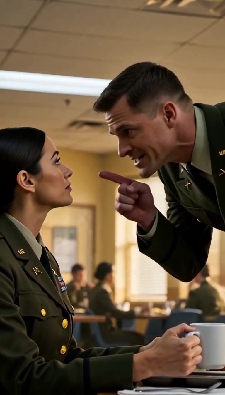 Captain jabbing finger at calm soldier gripping coffee mug