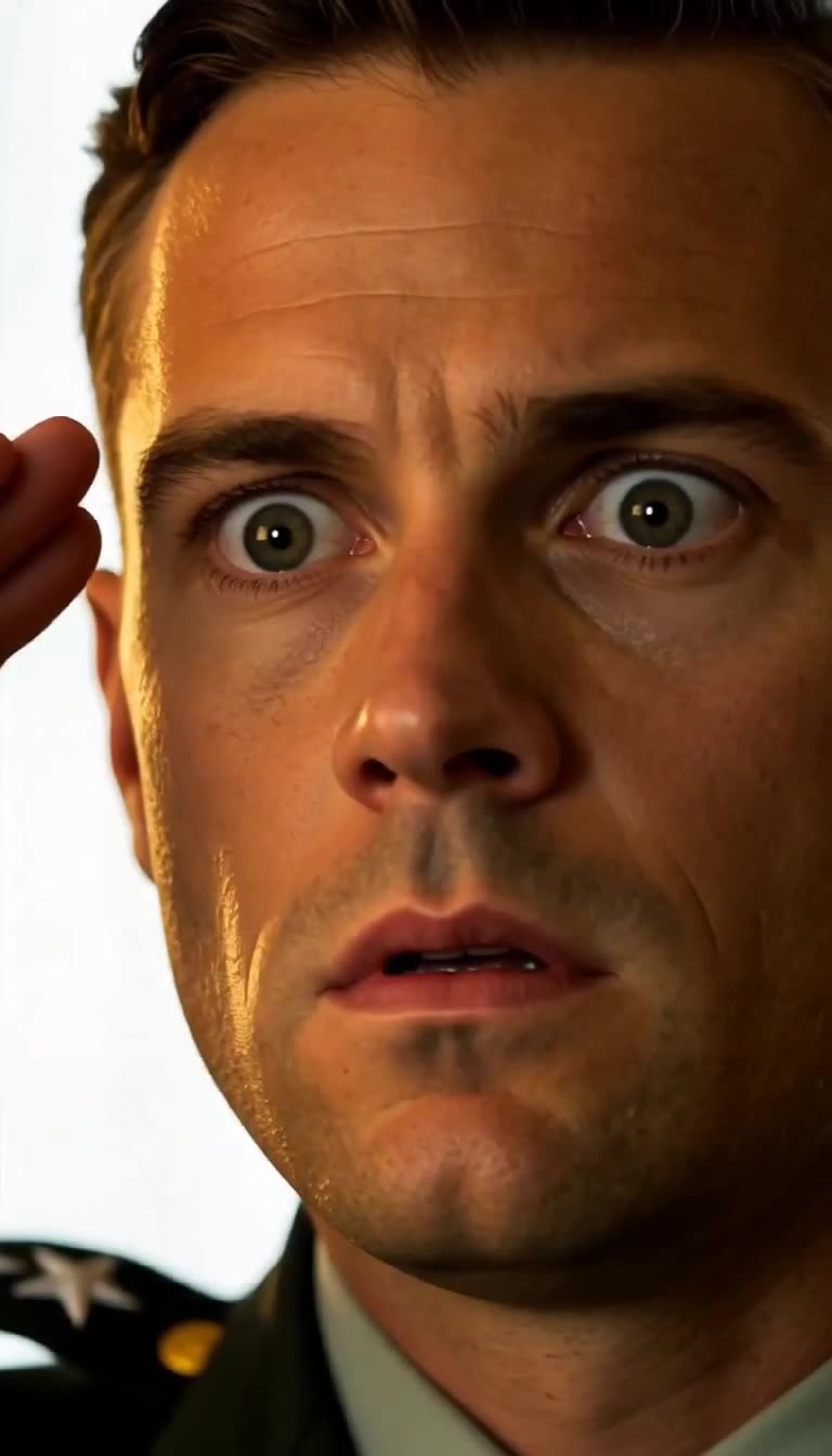 Extreme close-up of Captain Tanner eyes wide with shock and fear
