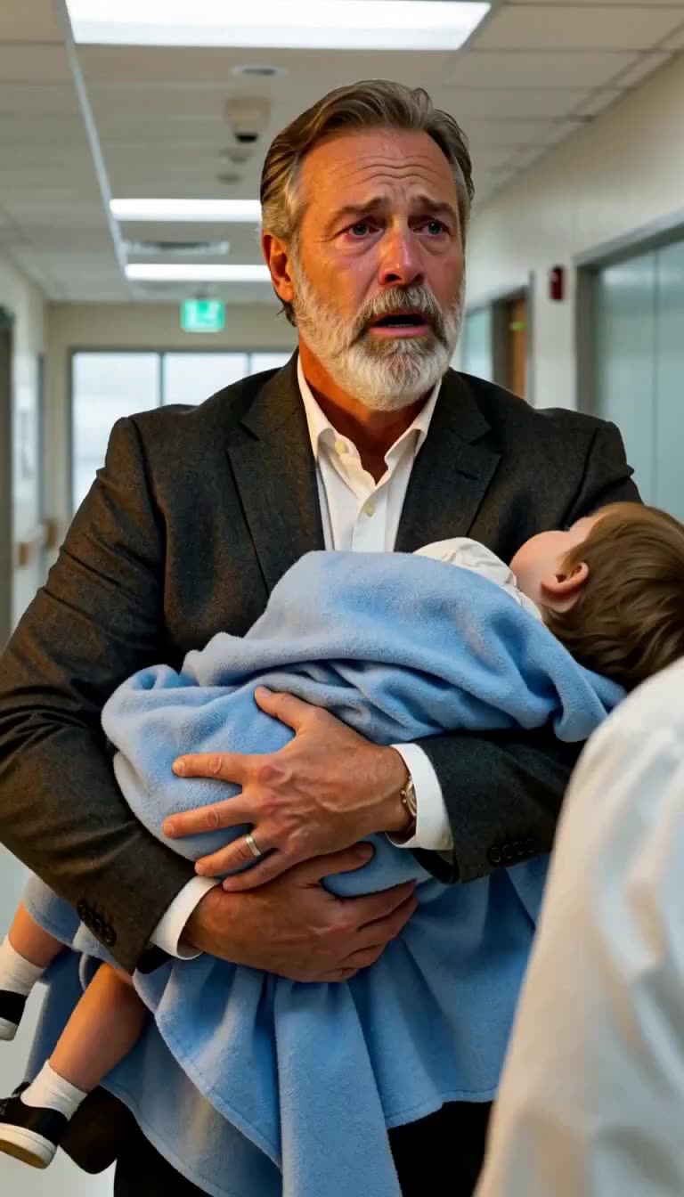 Shocked father clutching boy wrapped in blue blanket