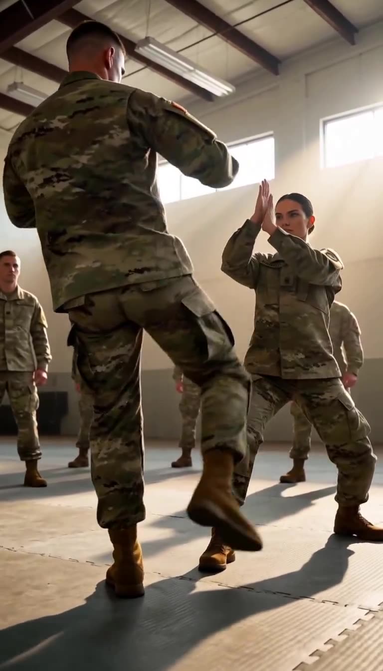 Elena raises her hands in a defensive block stance