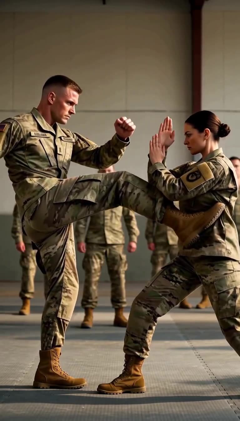Elena absorbs Jackson's kick with locked forearms at close range