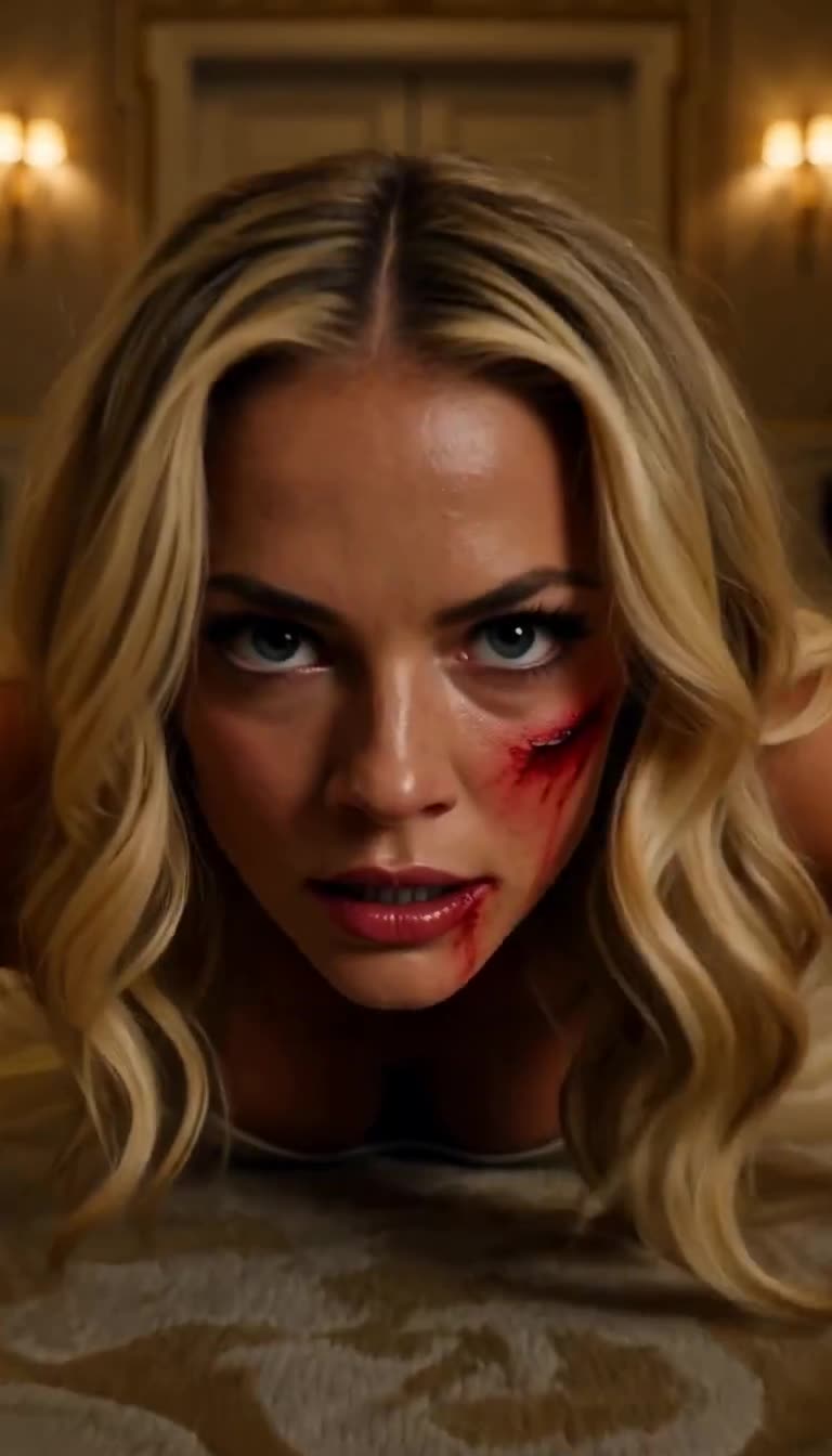 Bloodied Claire stares up with furious defiant blue eyes