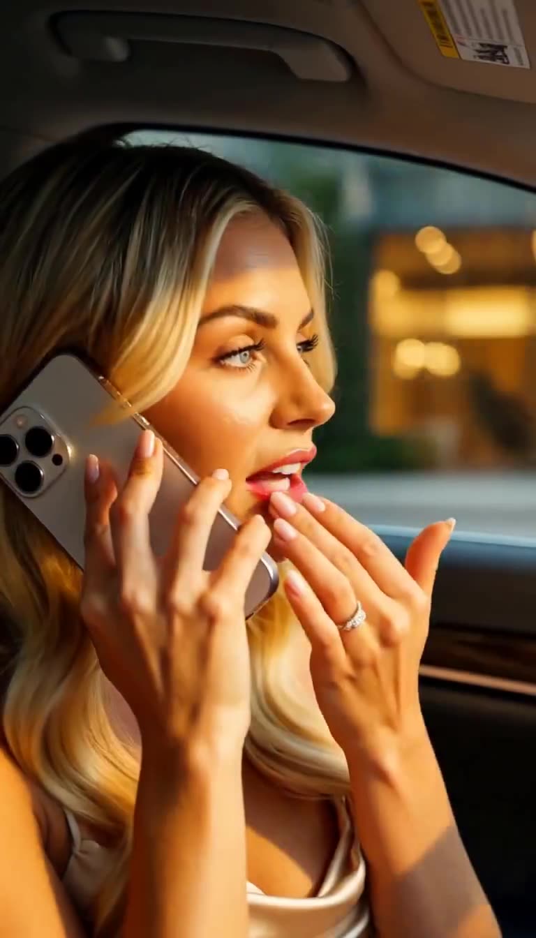 Close-up of Claire in car on phone touching injured lip