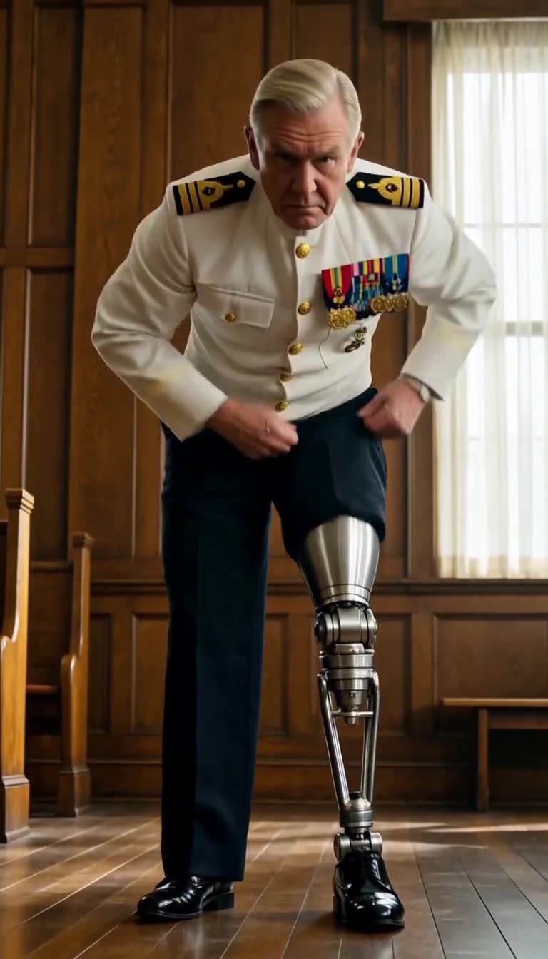 Senior commander bending to reveal titanium prosthetic leg