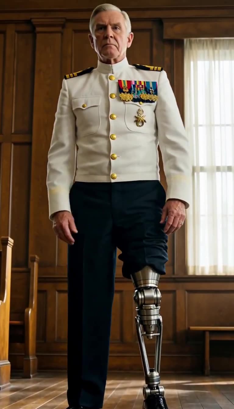 Decorated commander standing tall with steel leg exposed