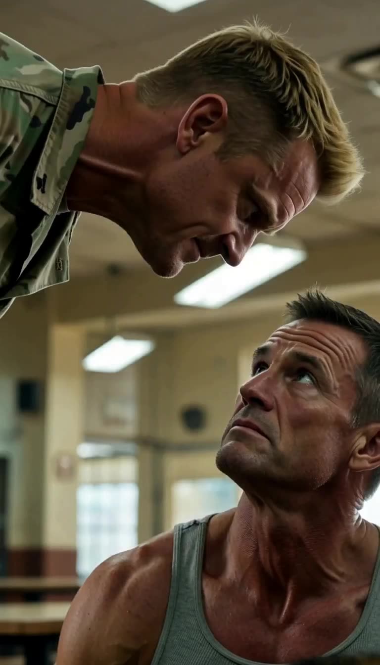 Sergeant Maddox leaning in face to face with kneeling John