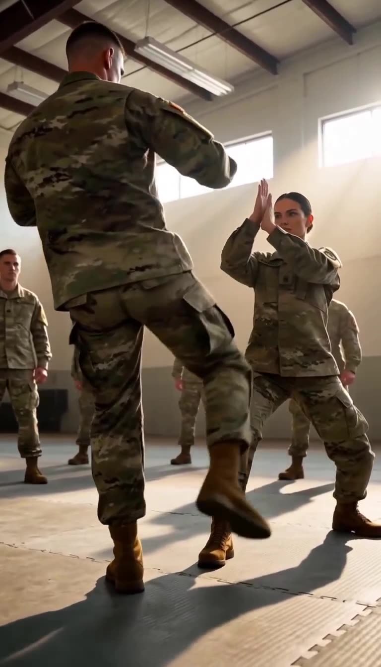 Soldier launches a kick as she prepares to counter