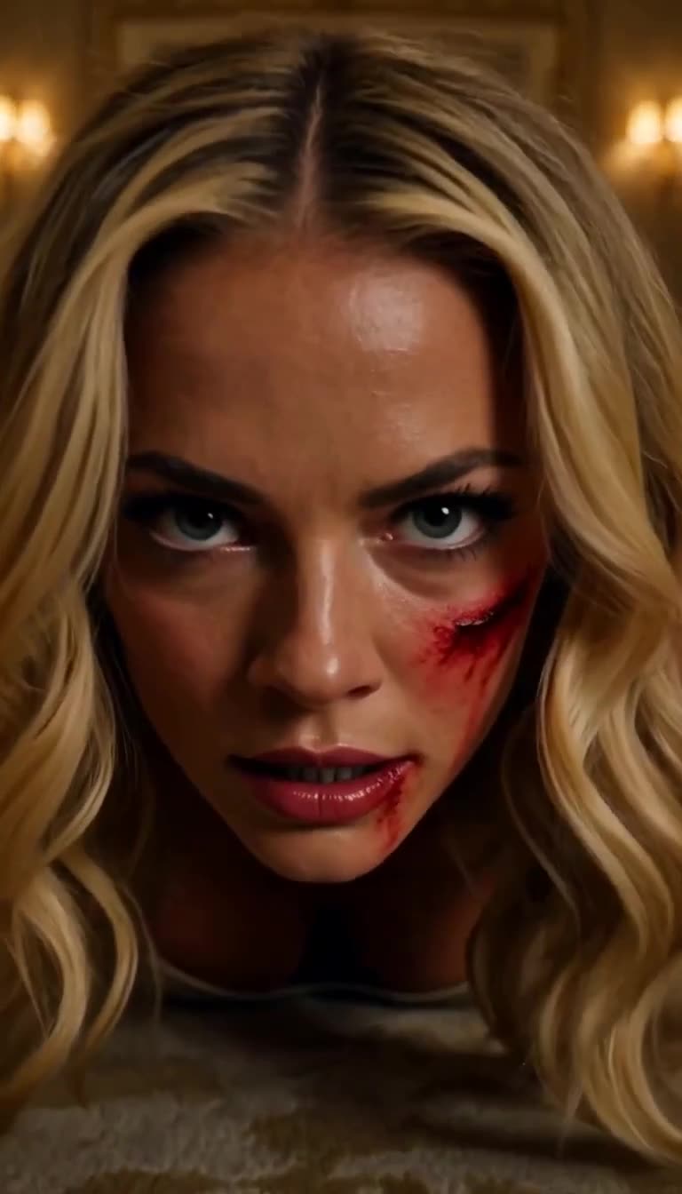 Close-up of bloodied but defiant Claire on the floor