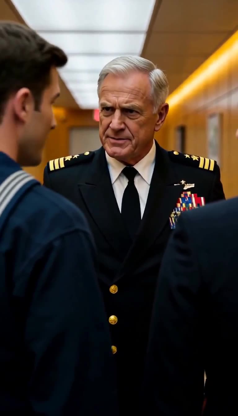 Three-star general confronting young sailor in hallway