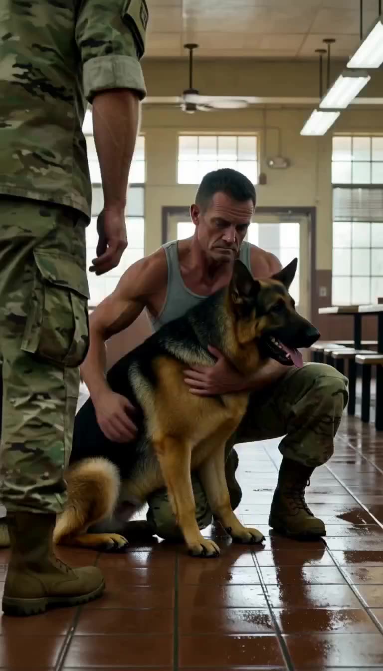 Veteran kneeling and embracing loyal German Shepherd on wet tiles