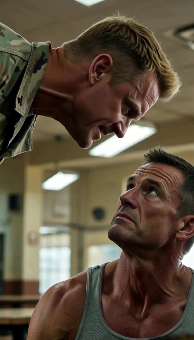 Sergeant screaming face-to-face with defiant veteran in mess hall