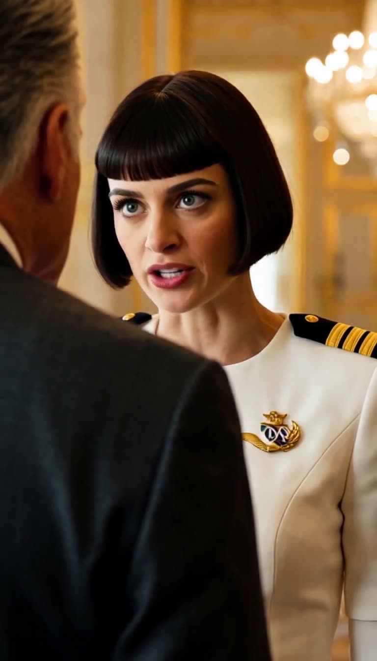 Female commander in white uniform answering with steely stare