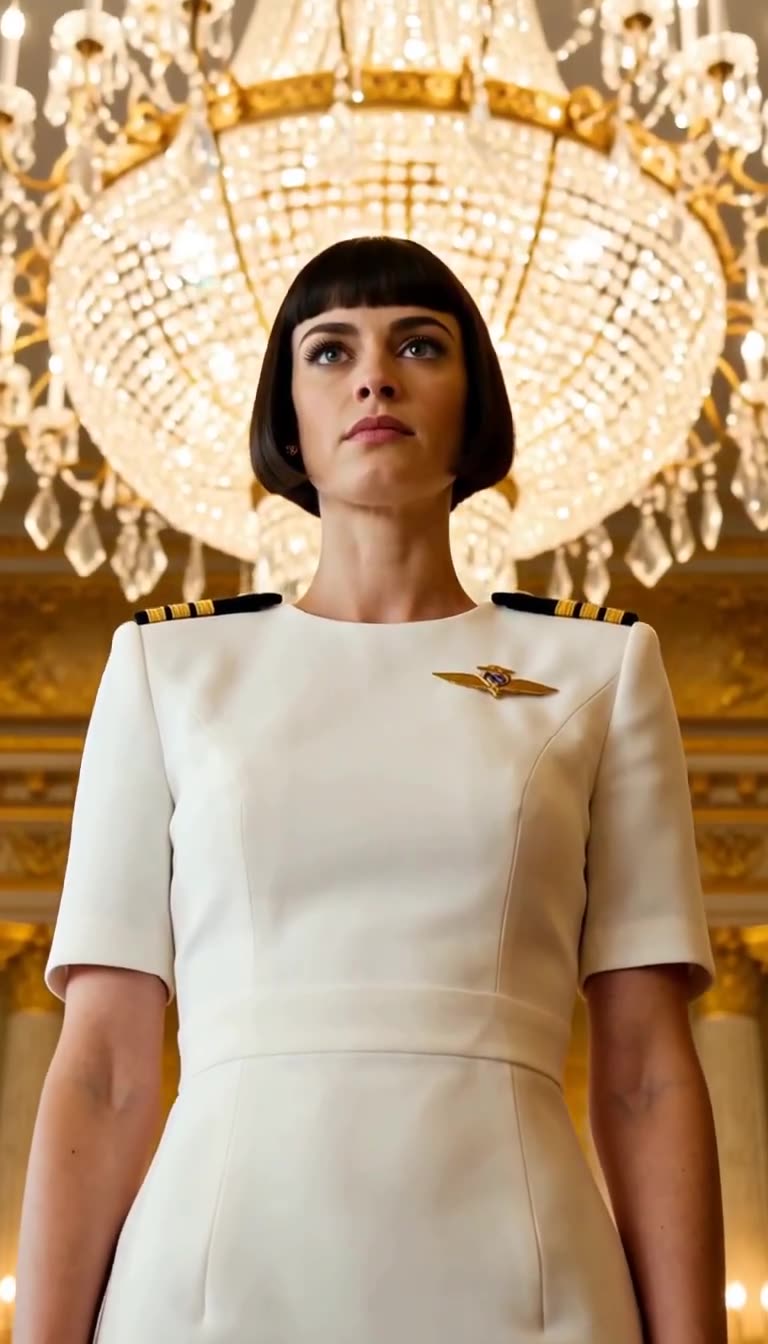 Low-angle shot of defiant commander under giant chandelier