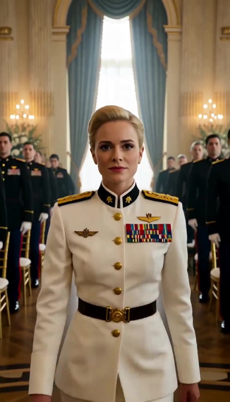 Close-up of female admiral in white as officers stand behind her