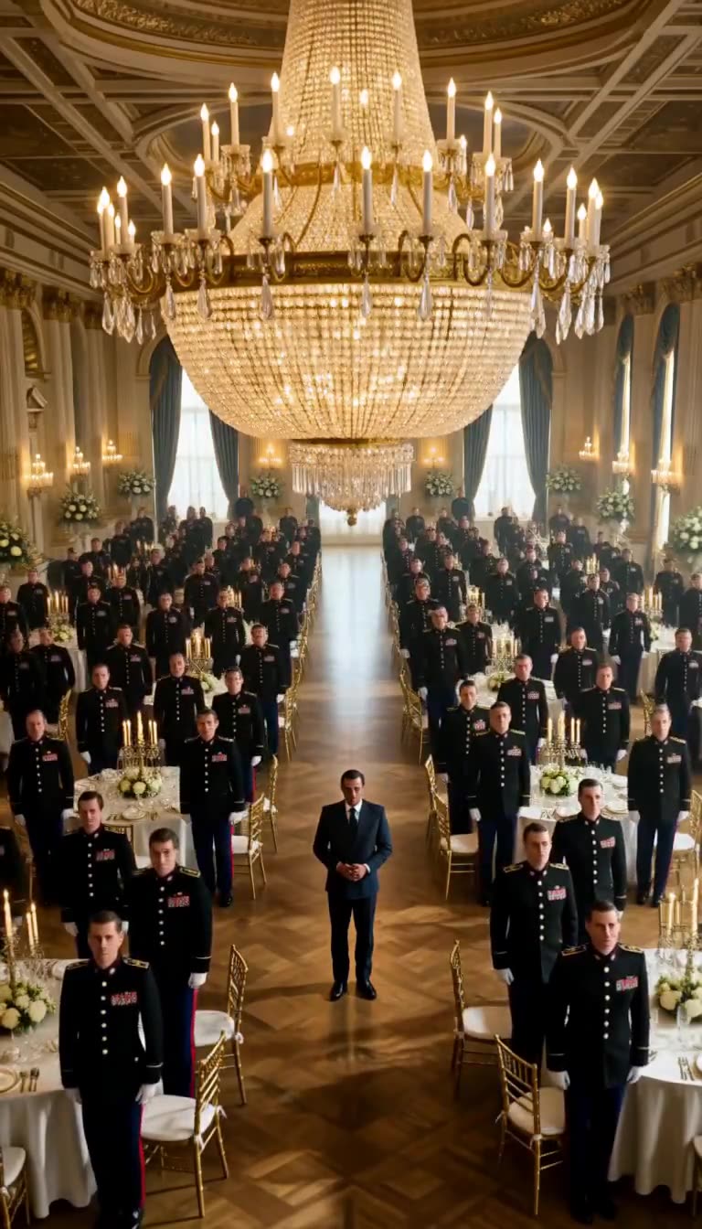 Hundreds of officers standing at attention around lone man in hall