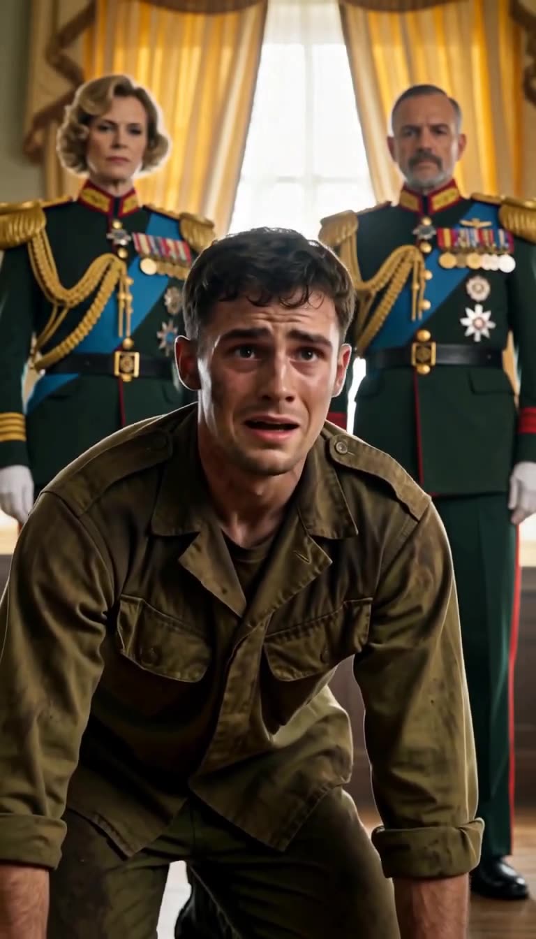Close-up of panicked soldier pleading upward under cold senior officers gaze