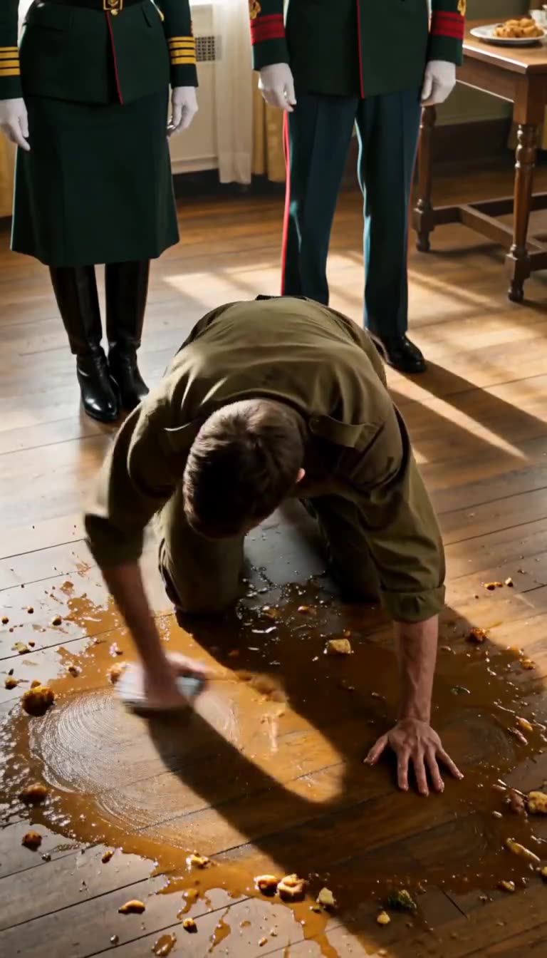 Humiliated soldier scrubbing spilled food from wooden floor on his knees