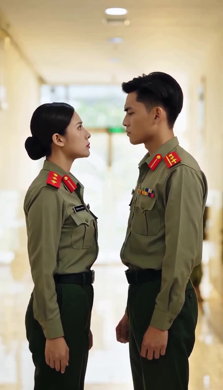 Male and female officers locked in tense hallway stare-down