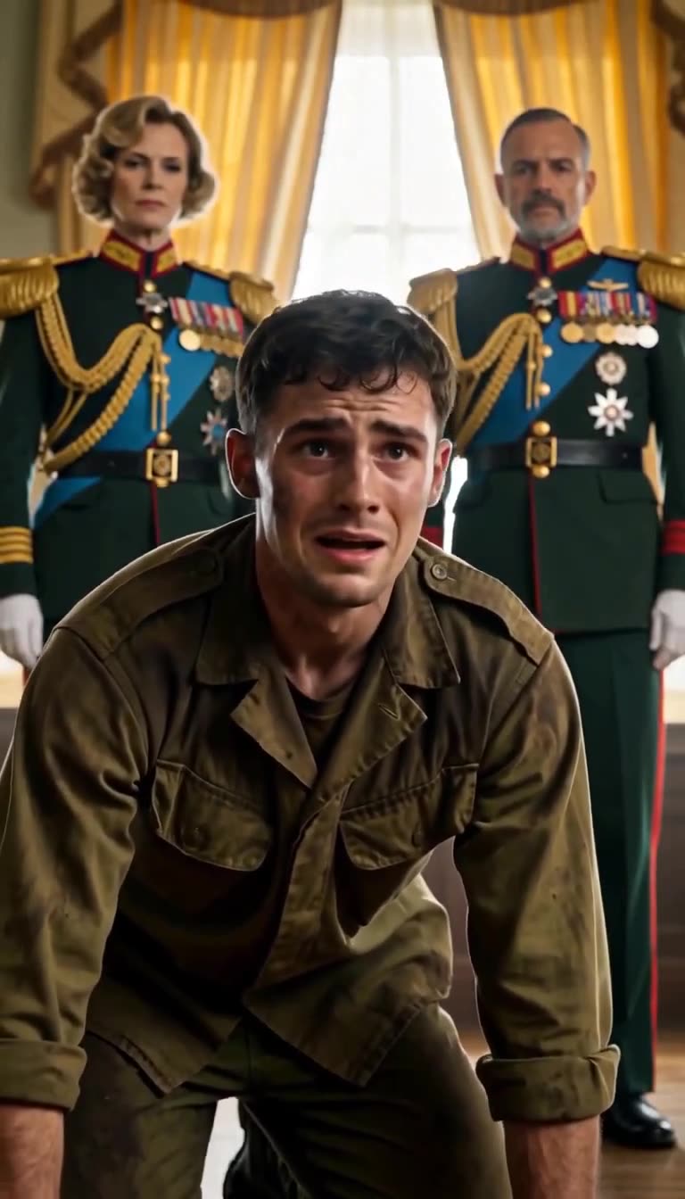 Young soldier on knees crying before stern generals