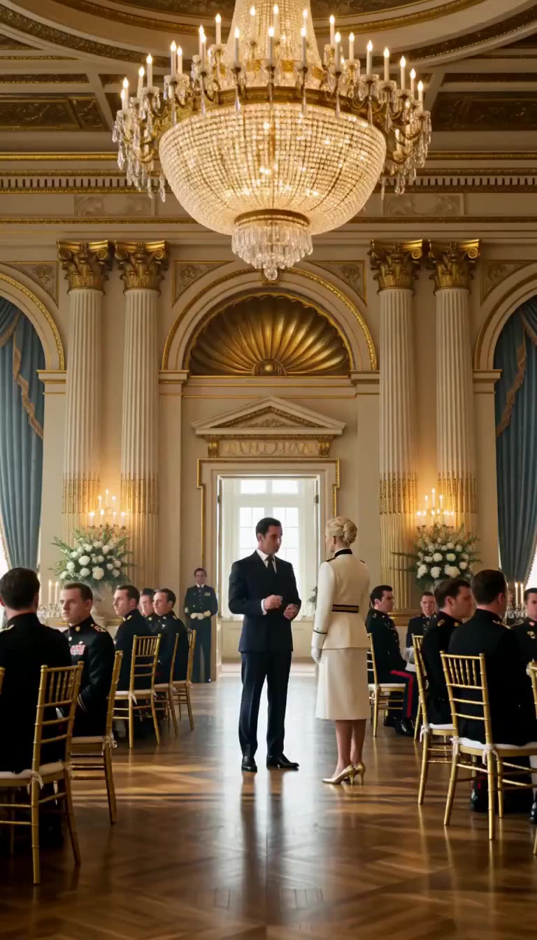 Father and daughter stand alone in the grand banquet aisle before officers