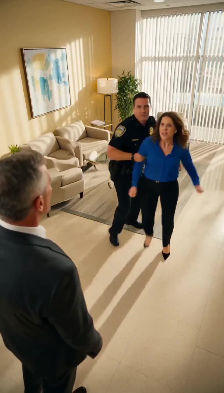 Officer escorting shocked woman toward man in suit