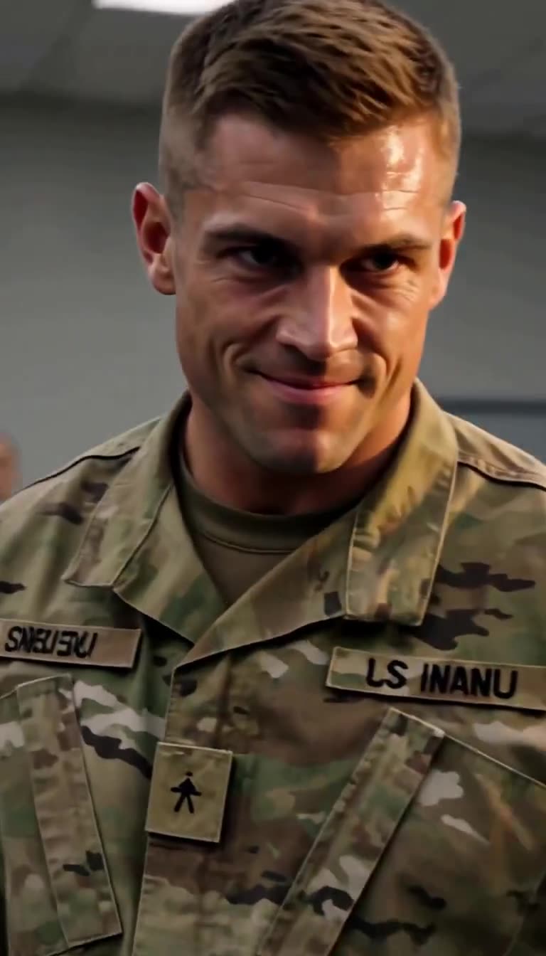 Close-up of smirking soldier Jackson in camouflage uniform