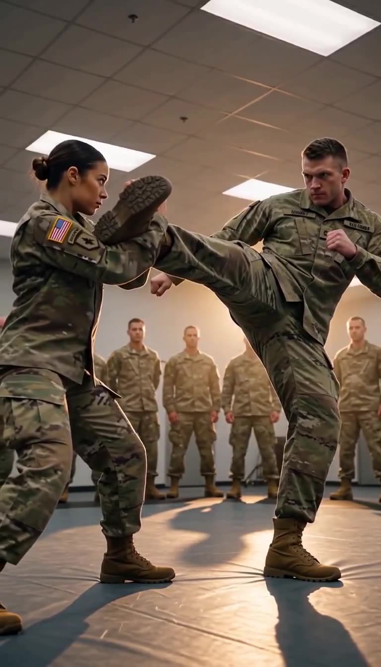 Elena blocks Jackson's kick as soldiers watch