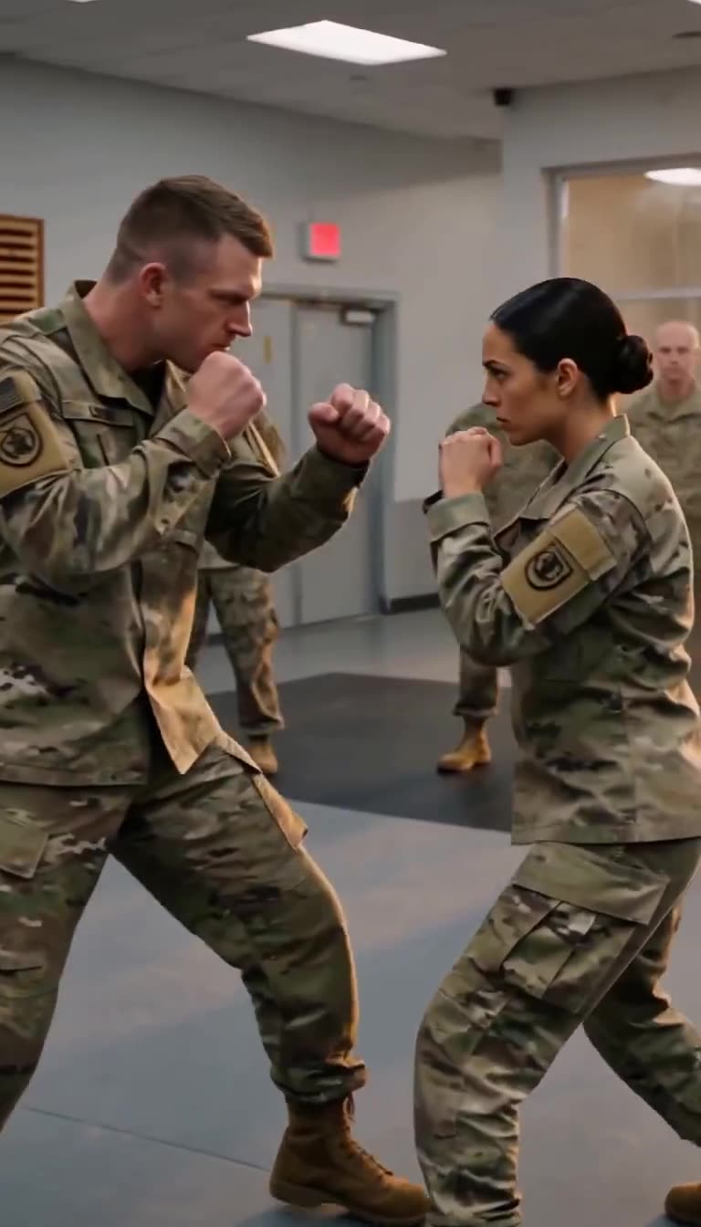 Both soldiers circle sideways maintaining high guard