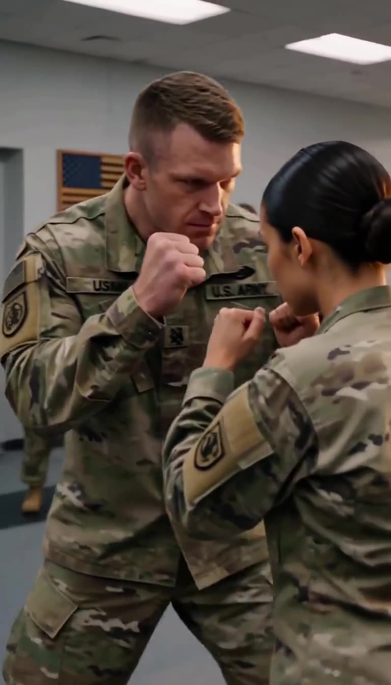 Close-up as Jackson lowers stance facing Elena eye to eye